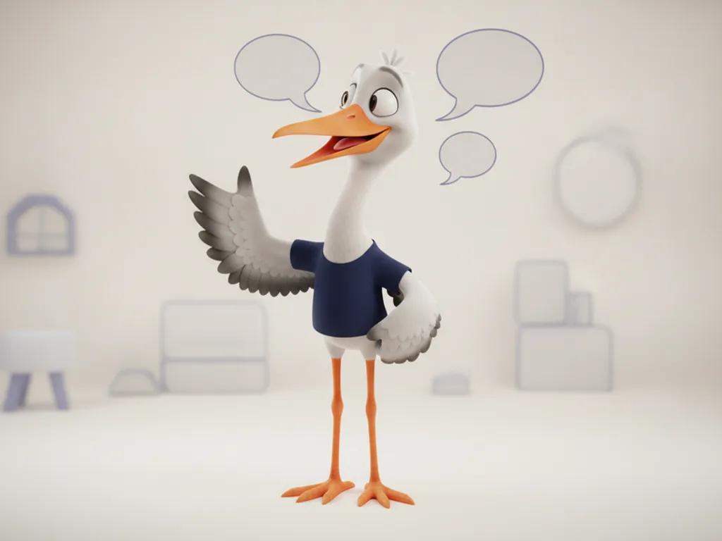 Storkie, the Storkie mascot, listening intently and gesturing warmly mid-conversation with two floating speech bubbles of different shapes