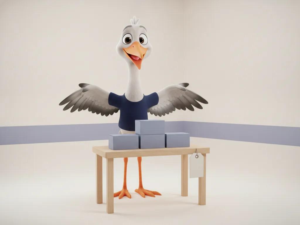 Storkie, the Storkie mascot, presenting products on a small retail display with shelf of neat product boxes, price tag