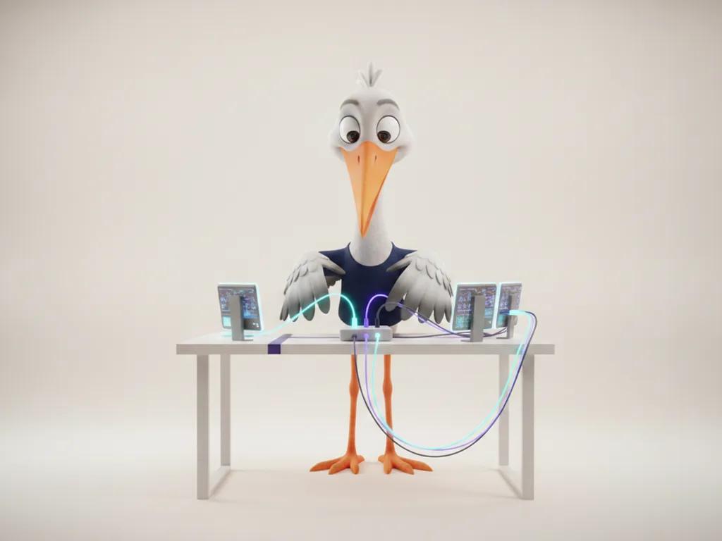 Storkie, the Storkie mascot, plugging glowing cables into a hub, connecting several screens with connector hub, glowing cables, small screens