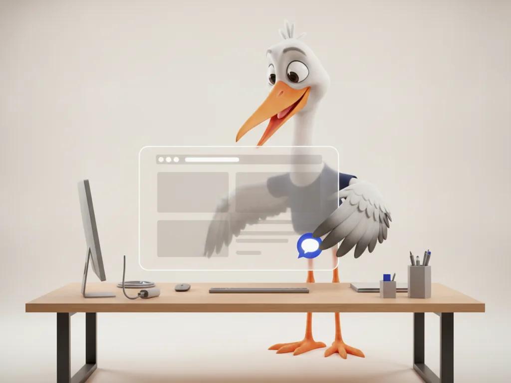 Storkie, the Storkie mascot, placing a small chat widget onto a floating website frame with website frame, chat bubble widget
