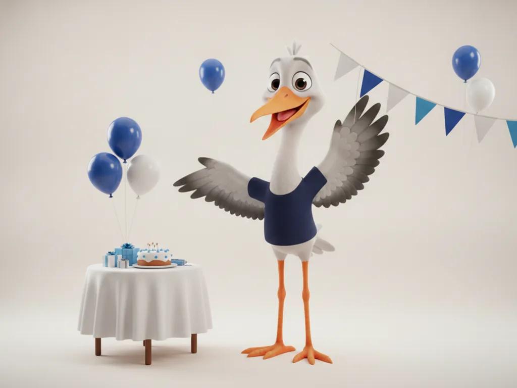Storkie, the Storkie mascot, setting up a small celebration, arranging the scene proudly with bunting, balloons, a small decorated table