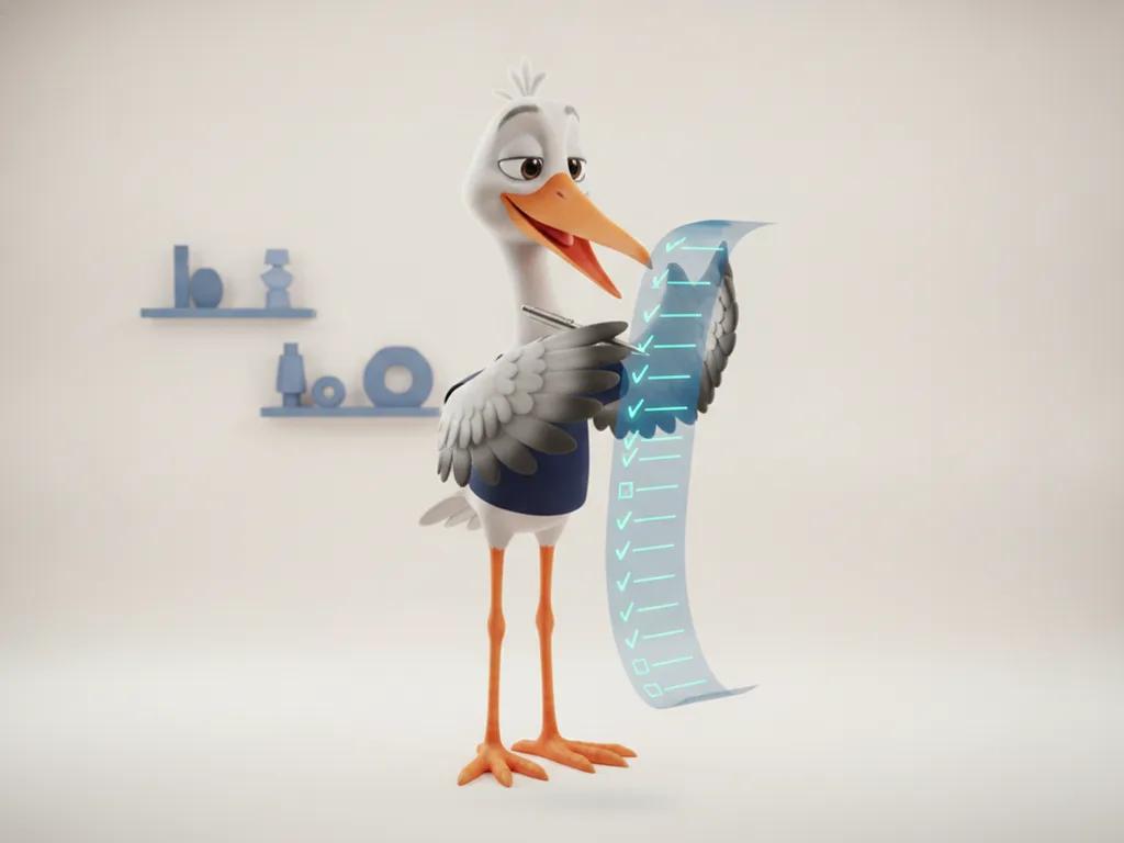 Storkie, the Storkie mascot, ticking items off a long floating checklist that writes itself with floating checklist, pen, tiny checkmarks