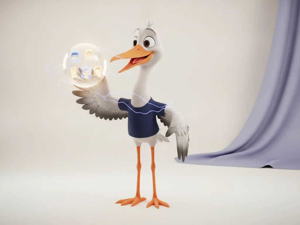 Storkie, the Storkie mascot, tapping a glowing floating memory orb that holds tiny portraits of people with translucent glowing orb, soft light trails
