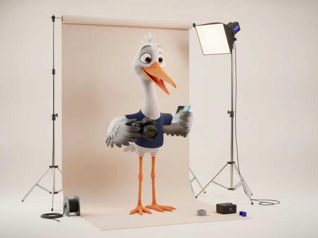 Storkie, the Storkie mascot, holding a camera and reviewing a freshly printed photo with camera, printed photo, light stand