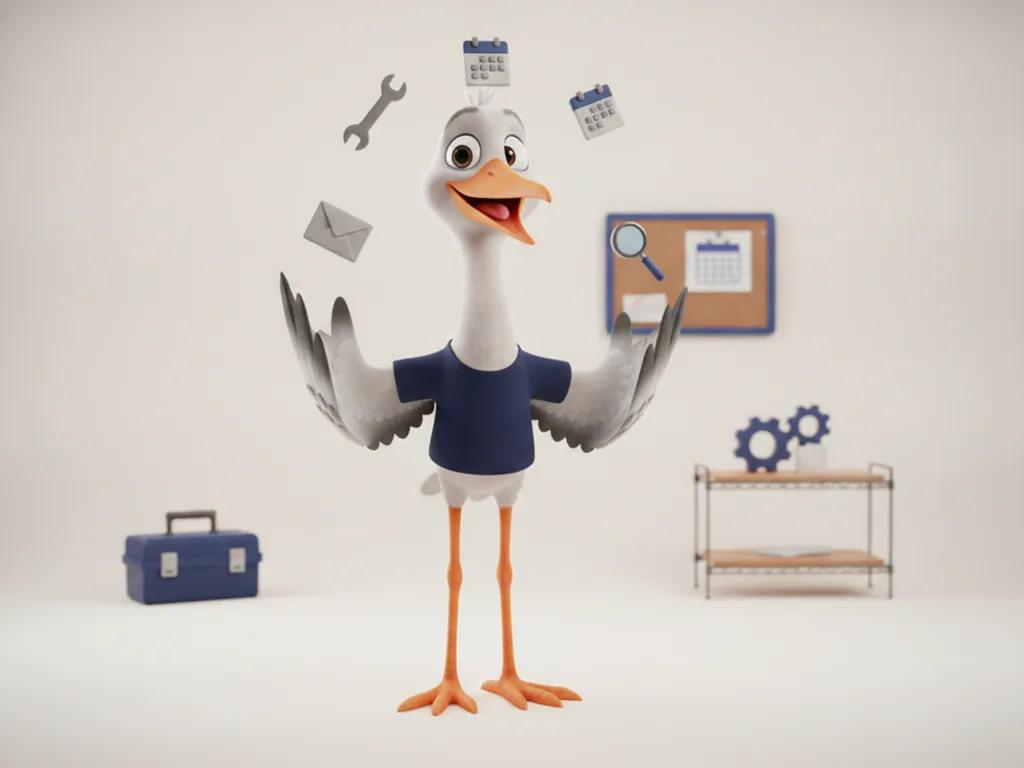 Storkie, the Storkie mascot, juggling several small tool icons with a focused grin with floating wrench, calendar, envelope and search icons