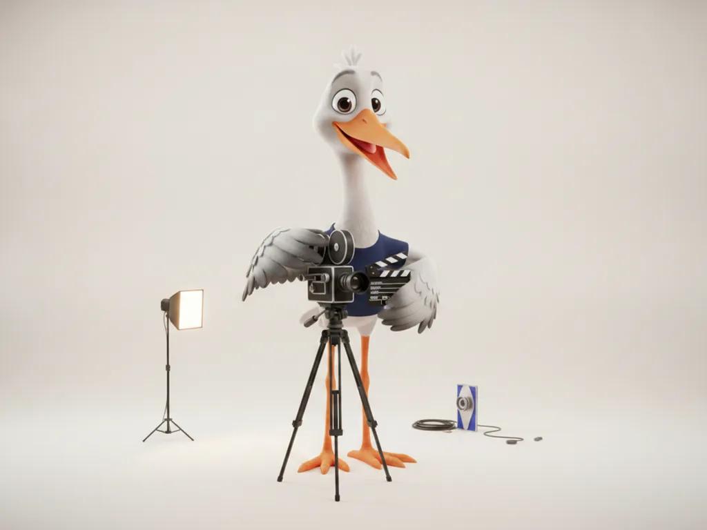 Storkie, the Storkie mascot, operating a small film camera on a tripod with film camera, clapperboard, tripod