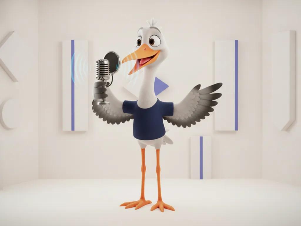 Storkie, the Storkie mascot, holding a microphone and speaking with confident, warm body language with vintage microphone, soft sound waves